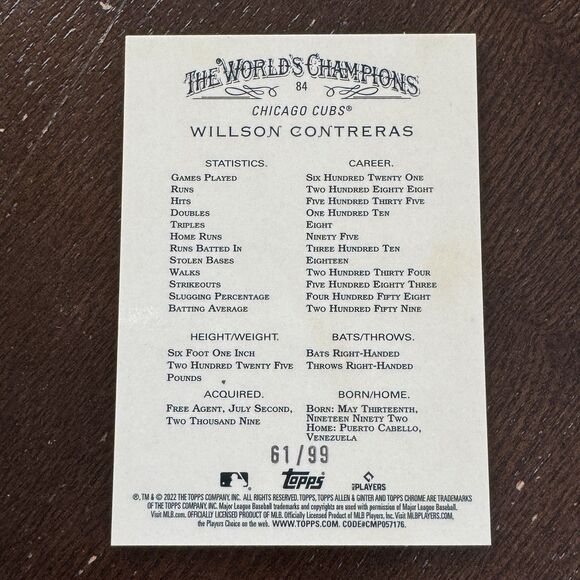 2022 Topps Chrome Allen Ginter Willson Contreras #84 Green Refractor #’d /99 Mt - Picture 2 of 2